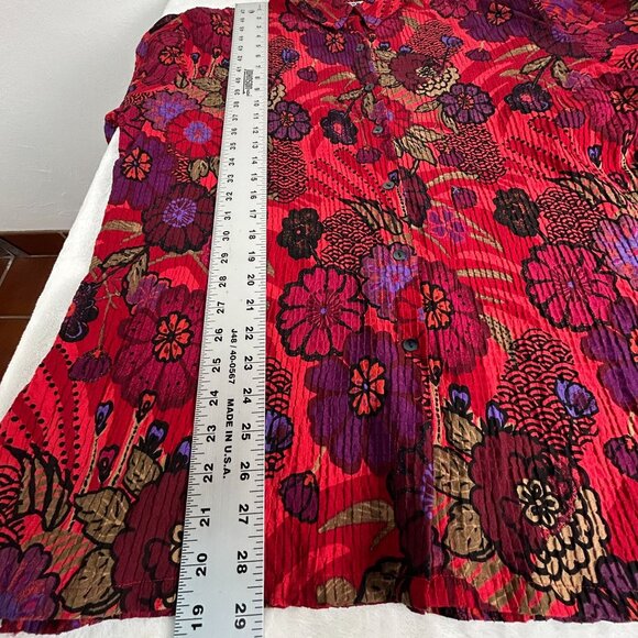Chico's Design Womens Floral Textured Button-Down Shirt Size 3 Silk Blend Red - Picture 7 of 7